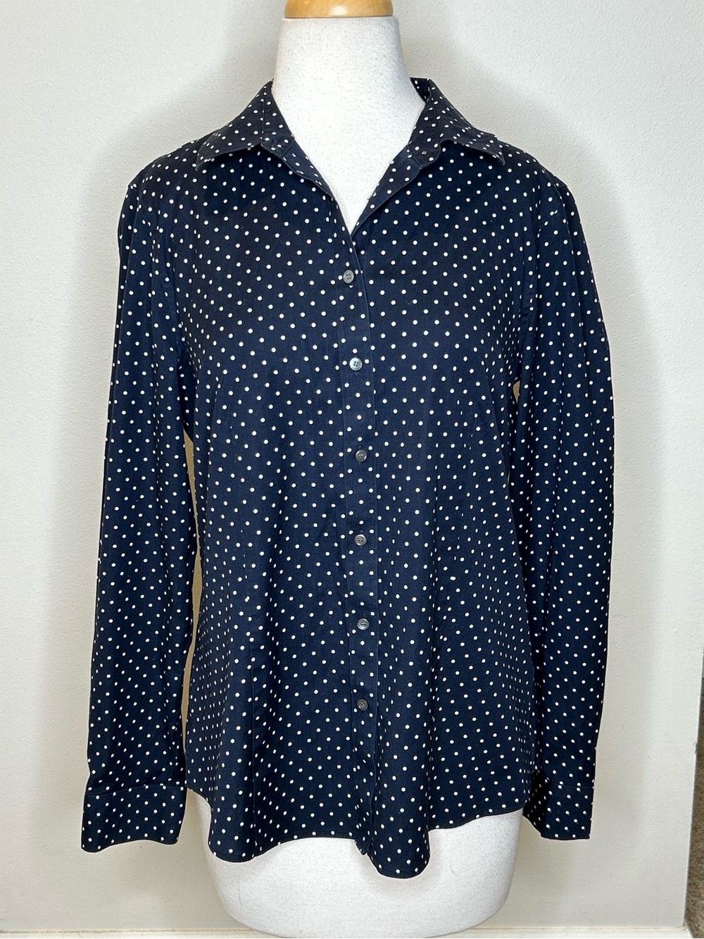 Talbots Navy Blue Polka Dot Button-Down Shirt Size 12